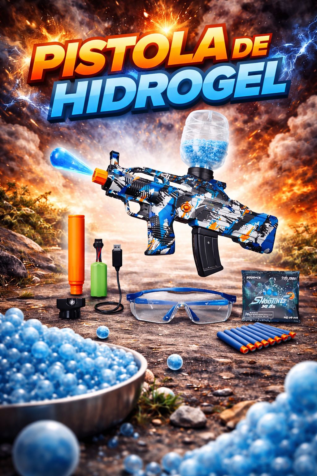 Pistola de Hidrogel + Dardos Nerf – Set Completo