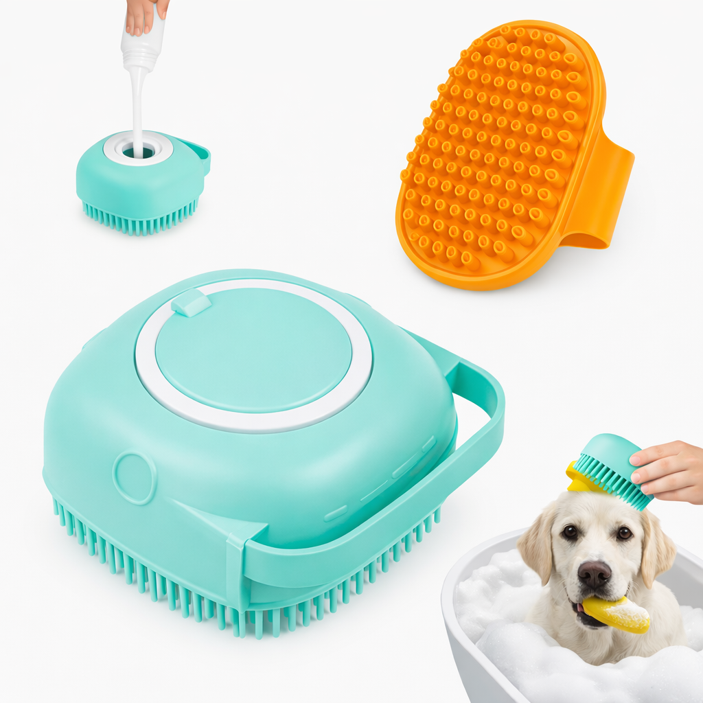 Cepillo de baño para mascotas con dispensador de shampoo