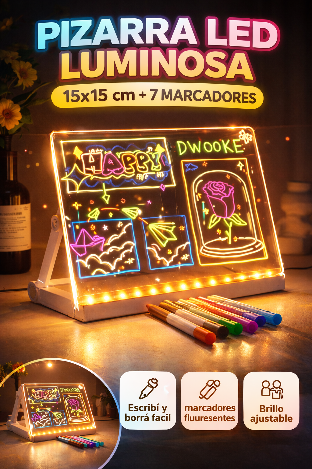 Pizarra LED Luminosa 15×15 cm + 7 Marcadores